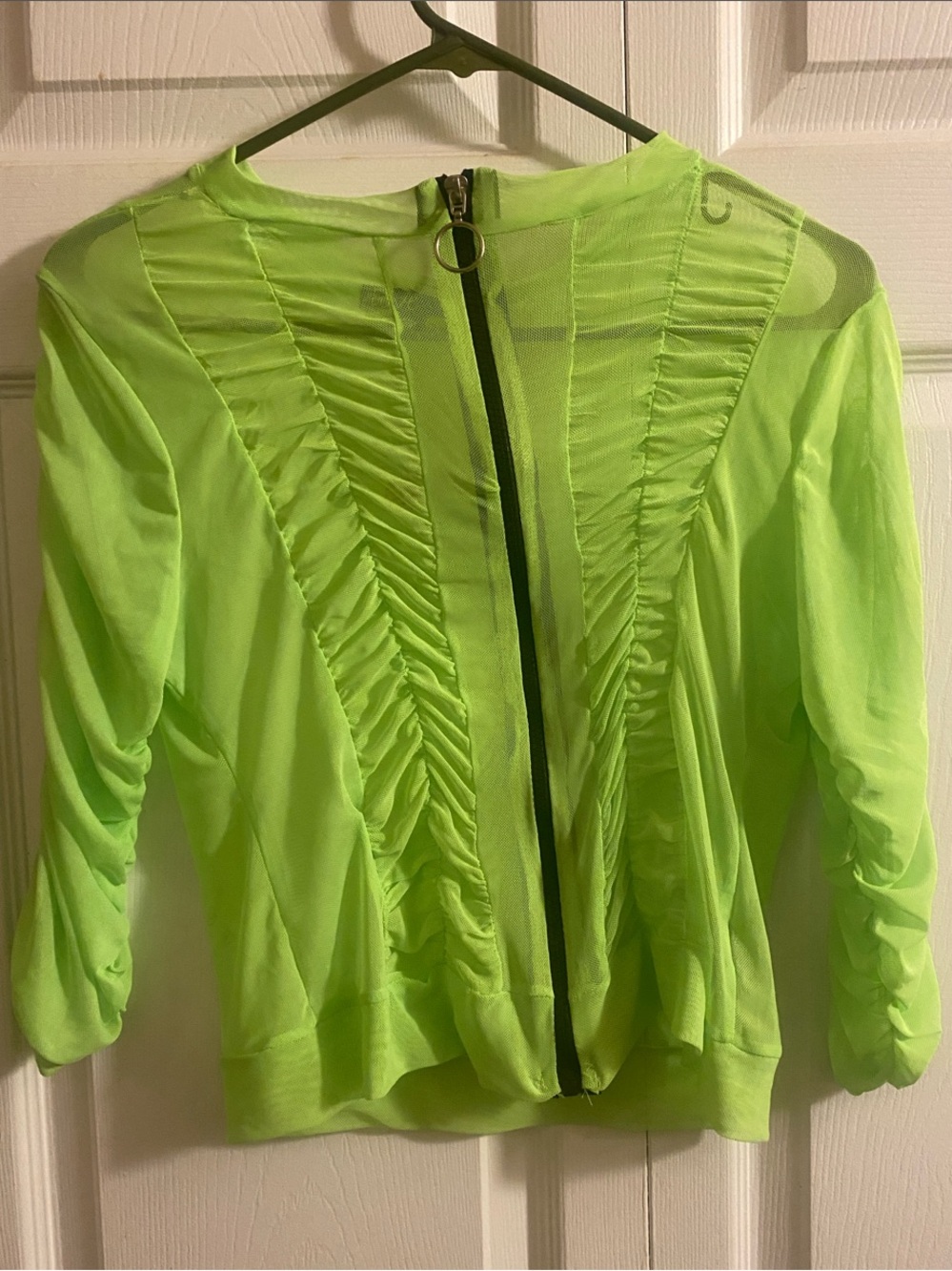 Neon Green Ruched Zip-Front Women's Top
